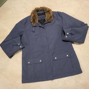 Lands' End Womens M Medium Quilted Faux Fur Collar Blue Full Zip Jacket Coat